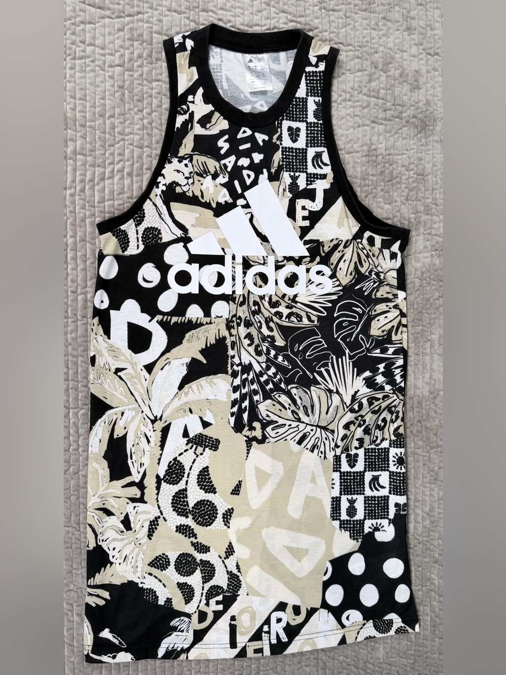 ADIDAS x FARM Rio Tank Dress XS Tropical Print | Black Tan & White Athleisure